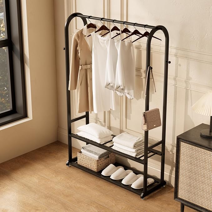 Sturdy metal clothes rack,Black freestanding clothing rack with bottom shelves and 6 side hooks,garment rack for hanging clothes,Modern wardrobe rack for Bedroom or cloakrooms