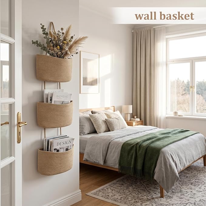 TeoKJ Over the Door Hanging Basket, 3-Tier Woven Cotton Wall-Mounted Storage Organizer Bag Decorative Hanging Nursery Baskets, Jute