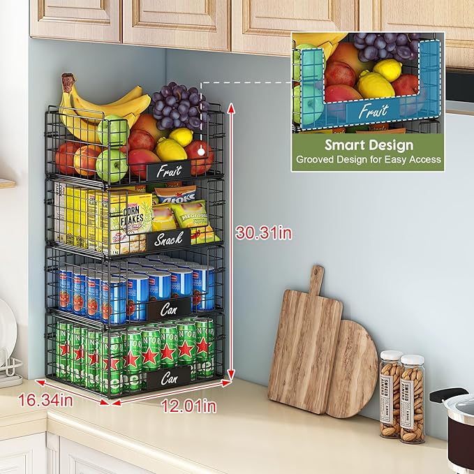 JKsmart 4 Pack XXL Stackable Wire Baskets for Pantry Organizers and Storage | Vegetable and Fruit Basket with Name Plates & Handles, Kitchen Pantry Organizer for Snack Can Fruit Veggies