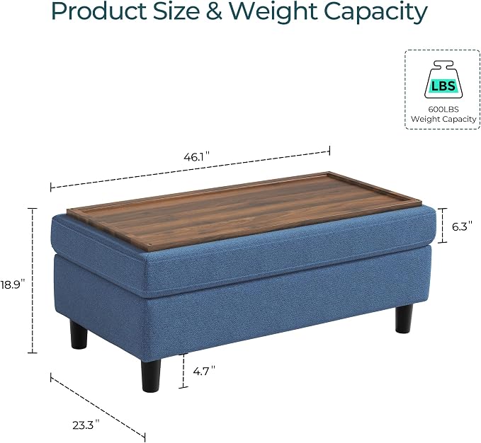 LINSY HOME 46 Inches Wide Storage Ottoman Bench, Linen Coffee Table Long Shoes Bench Footstool, Storage Chest, Foot Rest Stool, for The Living Room, Entryway and Family Room (Blue)