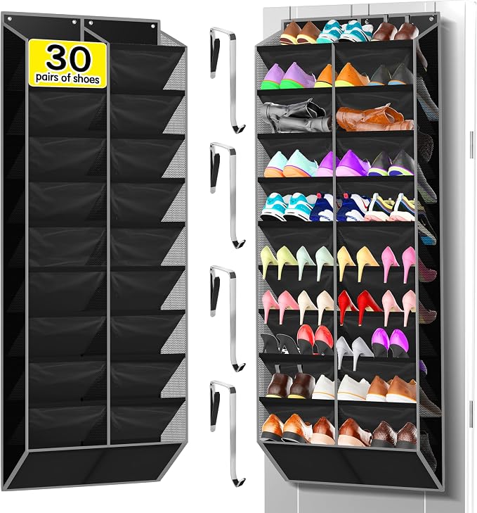 Kotkn 20-Pocket Hanging Shoe Organizer for Door, 10-Tier Heavy Duty Holds 20-30 Pairs, 10.5" Deep Fits Size 15 Boots, Bamboo Support & Non-Scratch Hooks (20 Tier-Black)