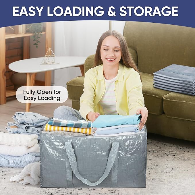 TICONN 6 Pack Extra Large Moving Bags Heavy Duty with Zippers & Carrying Handles, Durable Storage Bags Moving Boxes for Closet Organizers and Storage (6 Pack, Light Grey)