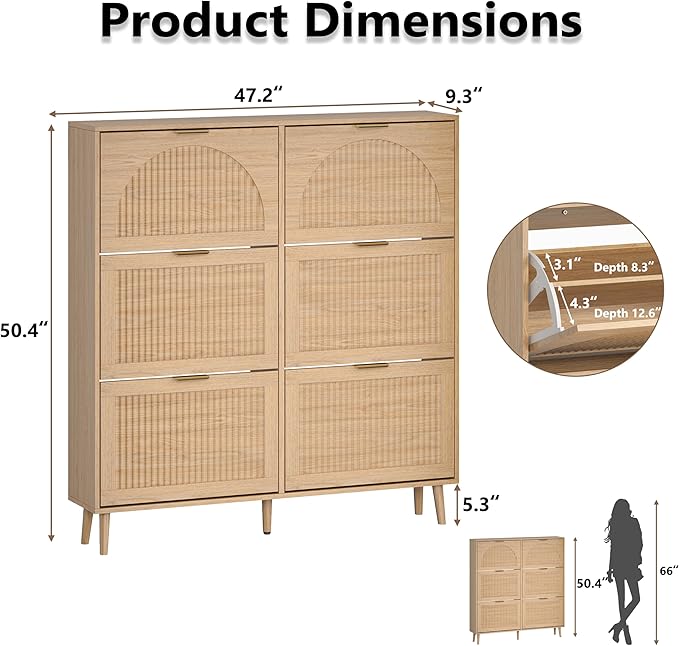 BORNOON Shoe Cabinet for Entryway with 6 Flip Drawers, Slim Wooden Shoe Storage Organizer with Modern Fluted Pannel，Freestanding Narrow Hidden Shoe Rack for Hallway, Foyer, Living Room