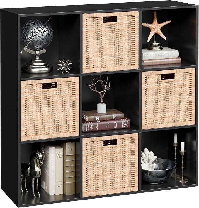 JupiterForce 9 Cube Storage Organizer Wooden Display Shelf W/ 5 Removable Back Panels, Customizable Bookcase Bookshelf for Home, Office, Bedroom and Living Room (Black)