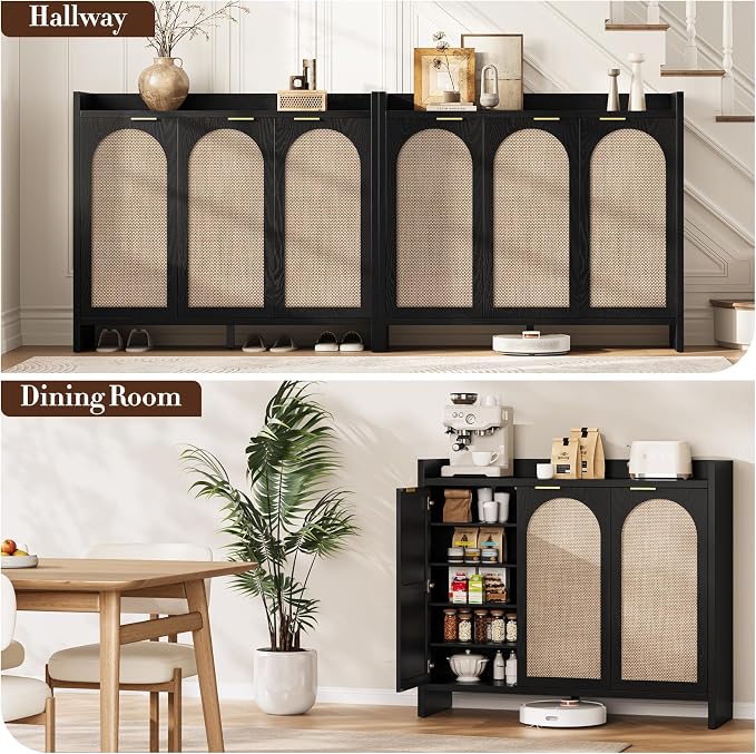 Shoe Cabinet Storage for Entryway - Rattan Accent Cabinet with 3 Doors & Adjustable Shelves, 6-Tier Large Wood Shoes Cabinets with Organizer Rack for Entry Way, Hallway, Living Room, Black
