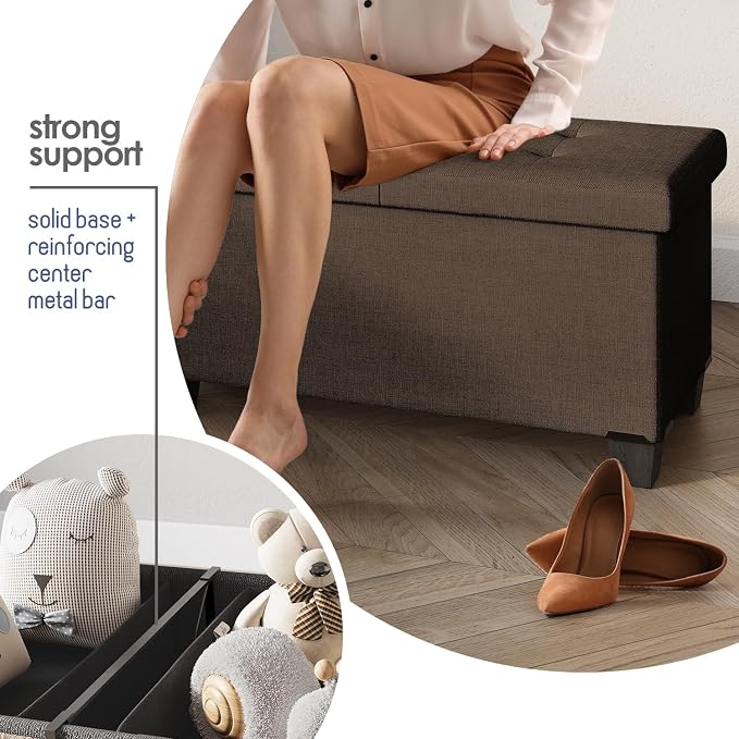 Storage Ottoman Bench with Bins, 43-in Storage Bench for Bedroom End of Bed, Folding Foot Rest Ottoman for Living Room Max 660lbs, Fabric Ottomans, Brown