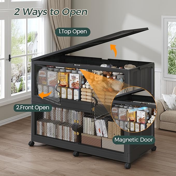 960QT Extra Large Stackable Storage Bins with Lid, 240Gal Plastic Closet Organizers and Storage Drawer, Collapsible Cabinet Box with Wheels Clear Doors for Home Kitchen Garage, 4Pack Black