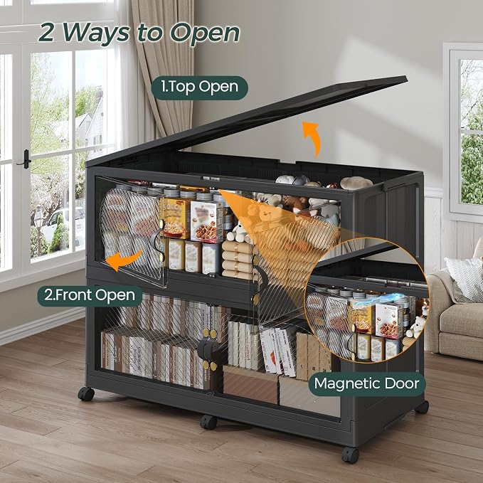 1200QT Extra Large Stackable Storage Bins with Lid, 300Gal Plastic Closet Organizers and Storage Drawer, Collapsible Cabinet Box with Wheels Clear Doors for Home Kitchen Garage, 5Pack Black