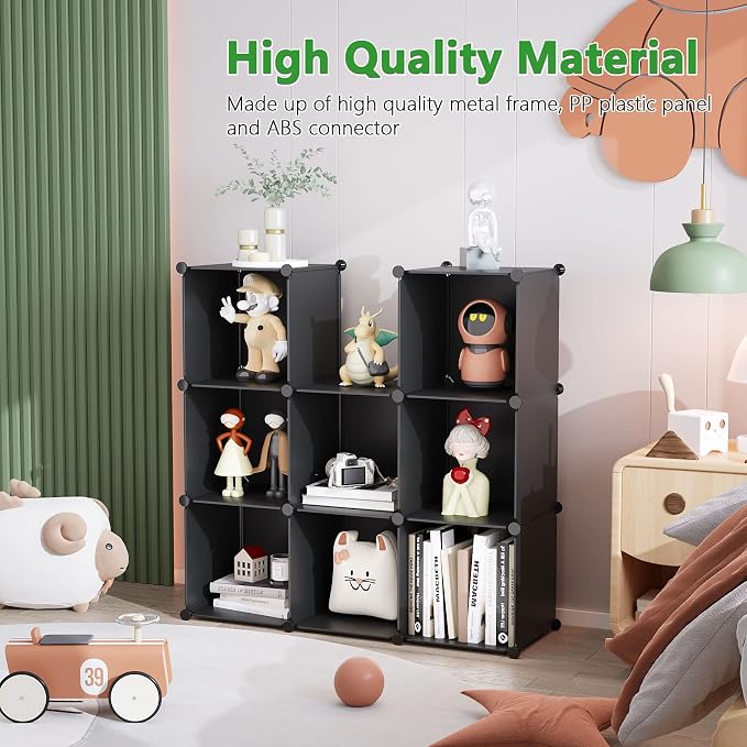 C&AHOME Cube Storage Organizer, 9-Cube Bookcase, Closet Cabinet Black | DIY Stackable Bookshelf, Plastic Modular Shelving Units Ideal for Home, Office, Kids Room, 36.6" L x 12.4" W x 48.4" H