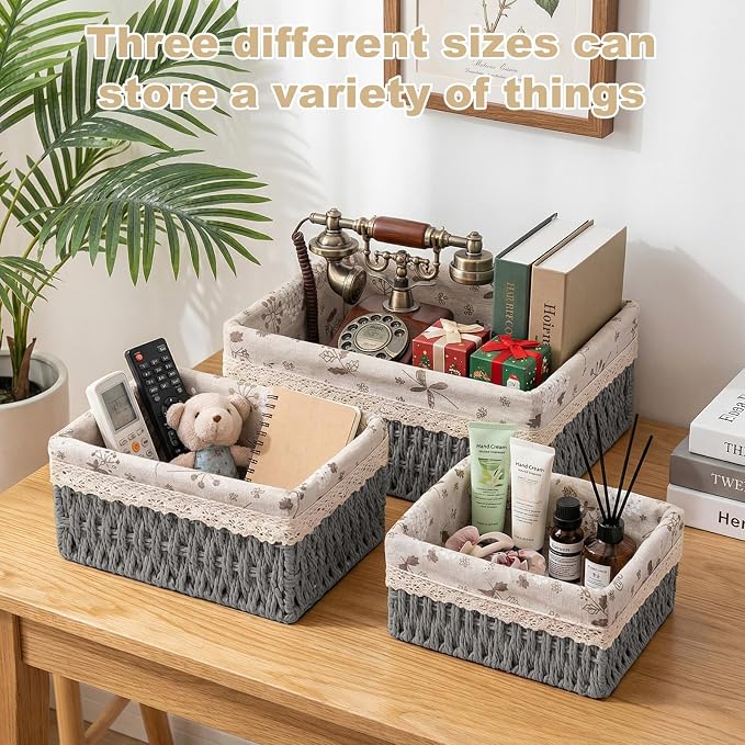 Wicker Storage Baskets, Handwoven Paper Rope Organizer Bins with Removable Floral Liner, Large for Bathroom, Pantry, Shelf, Countertop, Closet (Gray, L)