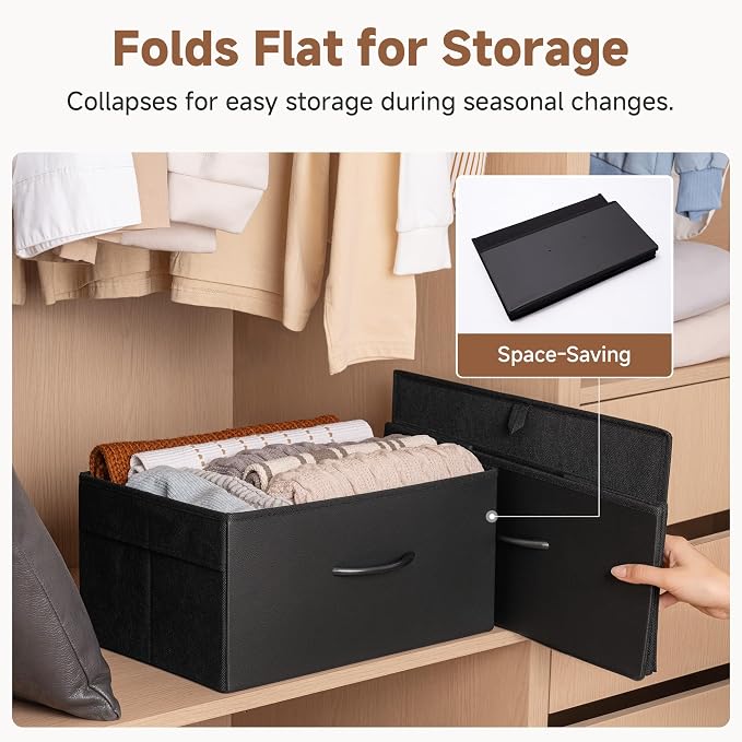 StorageWorks Black Storage Bins, Leather Front Fabric Storage Bins with Handles, Closet Organizers and Storage Bins, Organizer Baskets for Shelves, Collapsible Storage Baskets, Large, 4-Pack