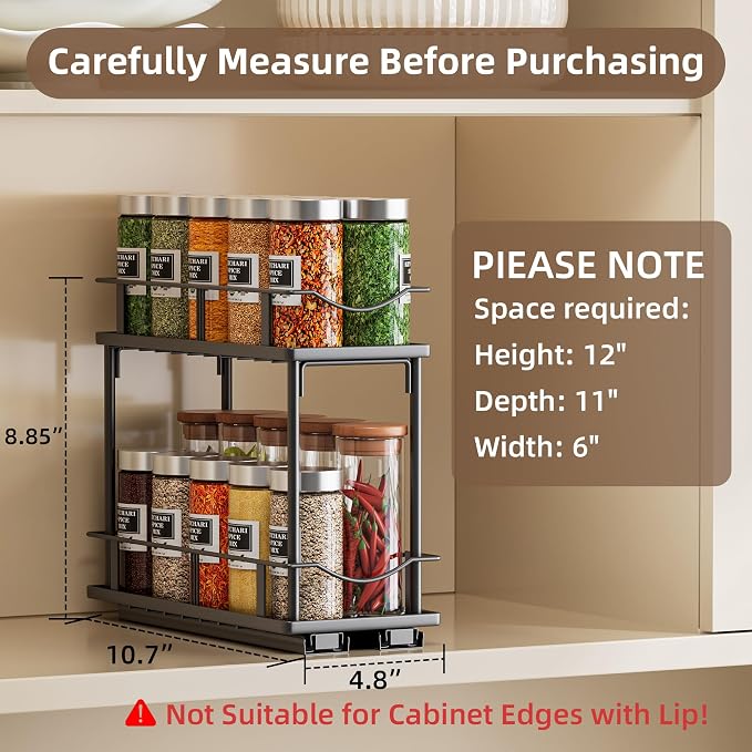 Bunoxea Pull Out Spice Rack 2 Pack,Slide Out Cabinet Spice Rack,Black | 2-Tier Rack, Full Extension Ball Bearing Glides, 10.7"Dx4.8"Wx8.85"H, Kitchen Pantry,Narrow Cabinet Spice Storage Organizer