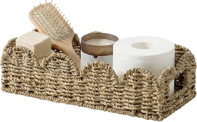 StorageWorks Wicker Scalloped Basket, Small Seagrass Baskets for Storage | Decorative Toilet Paper Basket with Handles for Countertops & Shelves, Back of Toilet Basket Tank Topper for Bathroom Decor