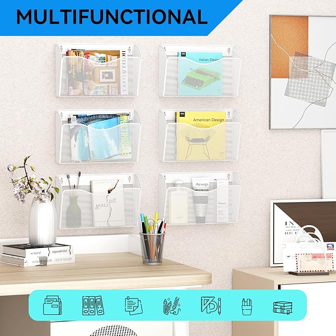 3 Single Pocket Wall File Holder, Mesh Hanging File Folder Paper Organizer, Vertical Wall Mounted Mail Basket, Storage Organization Magazine Rack for Office, Home and School, White