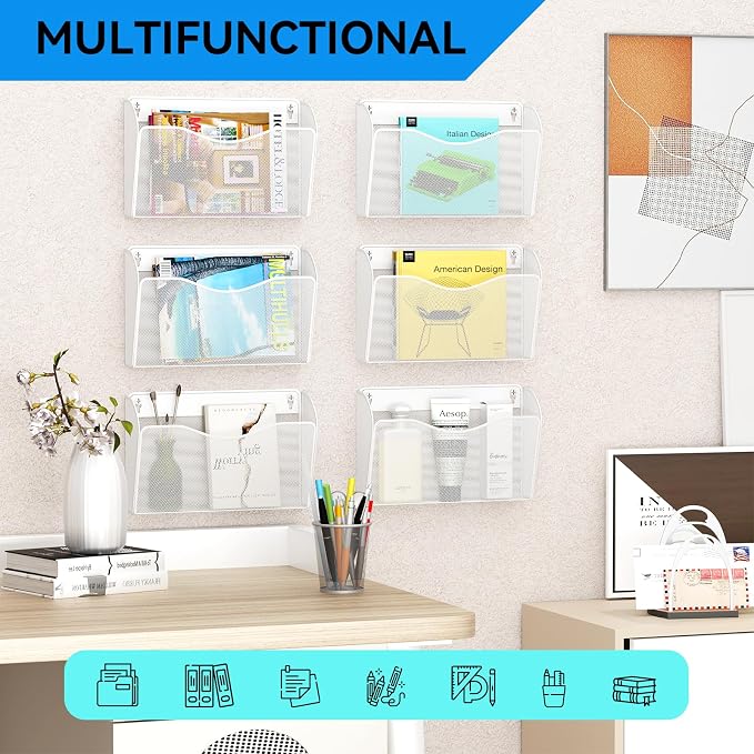 Single Pocket Wall File Holder, Mesh Hanging File Folder Paper Organizer, Vertical Wall Mounted Mail Basket, Storage Organization Magazine Rack for Office, Home and School, White