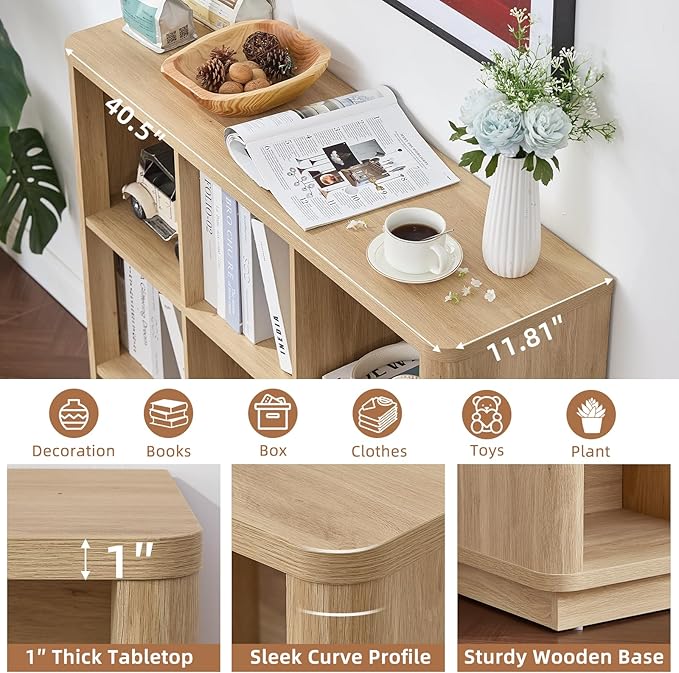Joaxswe 9 Cube Storage Book Shelf, 41" Tall Organizer Bookshelf with Curved Edge, Modern Floor Standing 3-Tier Cubby Bookcase with Base, Wood Display Book Case for Living Room, Home Office,Natural Oak
