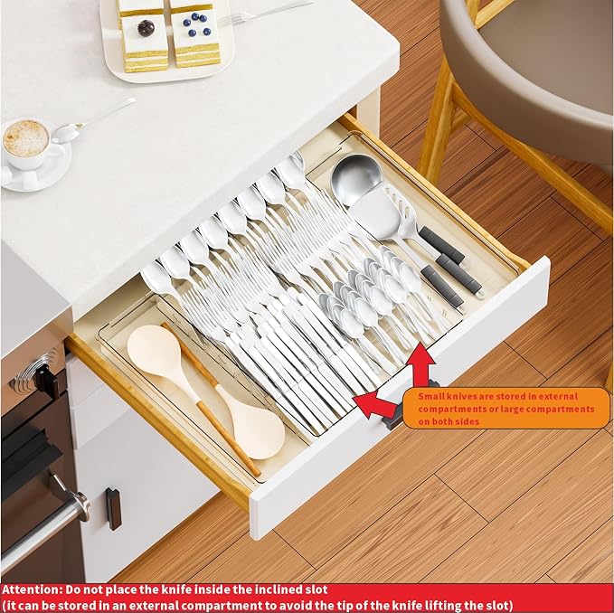 Large Expandable Silverware Organizer - Adjustable From 11'' to 21.3'' - Spatula,Gadget,Knife,Cutlery,Spoons and Forks Organizer,Clear Flatware,Silverware Tray,Utensil Organizer for Kitchen Drawers