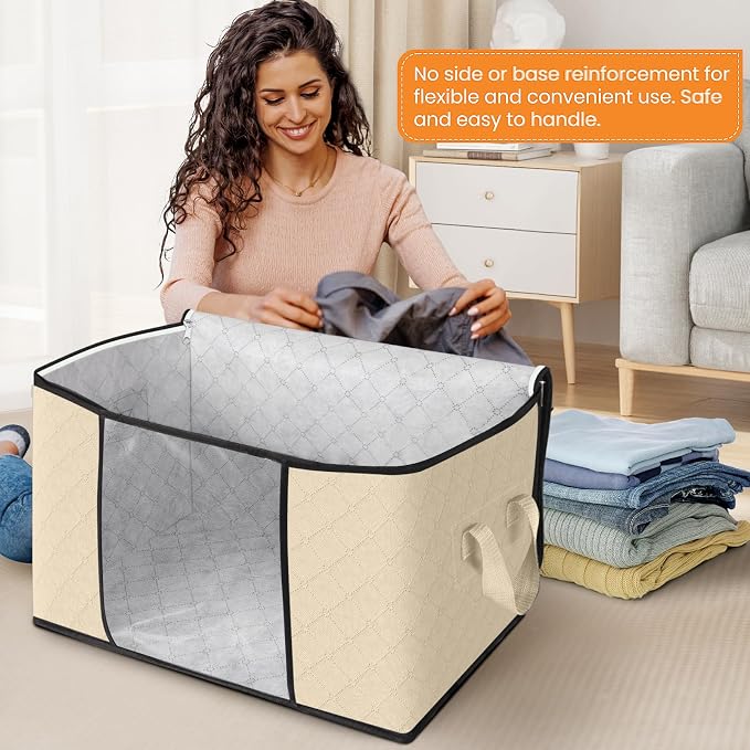 Fab totes 24 Gallons Clothes Storage, Foldable Thick Fabric Blanket Storage Bags, Containers for Organizing Bedroom, Closet, Clothing, Comforter, Organization with Handle (6 Pack,Beige)