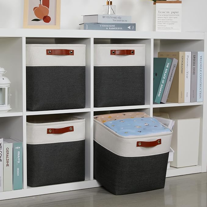 DULLEMELO Set Of 4 Cube Storage Bins, Fabric Storage Basket for Shelves Closet Storage, 12 Inch Collapsible Fabric Bins for Book Magazine Towel Organizers(4 Pack - 12" White&Black)
