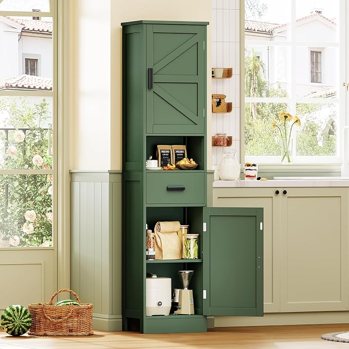 67" H Tall Bathroom Storage Cabinet with Barn Doors and Drawer, Narrow Bathroom Cabinet, Narrow Storage Unit, Adjustable Shelves, Floor Cabinets for Living Room, Forest Green