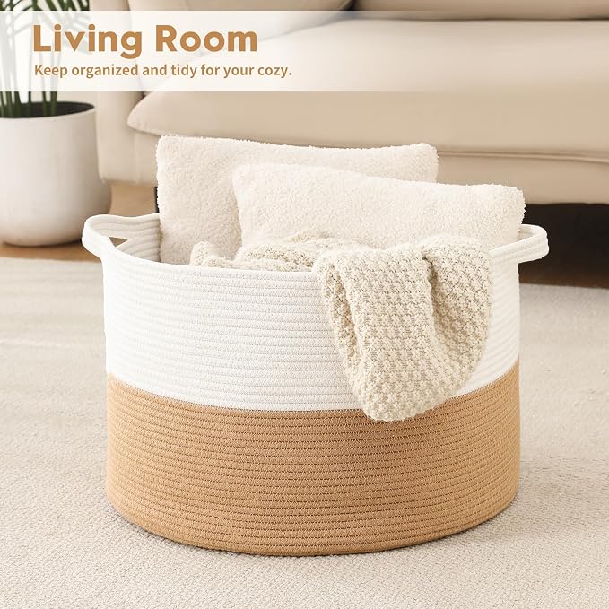 Foldable Laundry Hamper Basket with Collapsible Handle Cotton Rope Soft Woven Fabric Storage Organizer Clothes Toys Nursery Bedroom Dorm Space Saving Bin (White & Camel, 115L(23.6"D x 15.7"H))