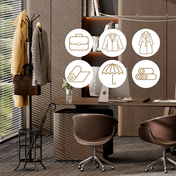 Coat Rack Freestanding with Umbrella Holder – Metal Hanger Stand, Hall Tree with 12 Hooks, Entryway Organizer for Hats, Bags, and Clothes (Black)