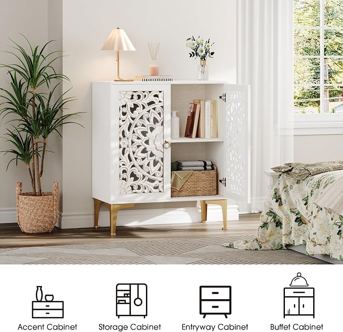 JOINICE 31.5" White Accent Cabinet with Carved Doors & Storage, Gold Legs | Carved Floral Design, Boho/Farmhouse/Rustic Style, Versatile Storage for Living Room & Bedroom & Hallway, Adjustable Shelf