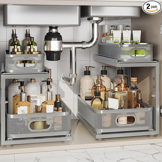 2 Pack 15.5IN-Depth Under Sink Organizer With Next-Gen Ball-Bearing Slides,2-Tier Precision Mesh Pull Out Cabinet Storage for Bathroom&Kitchen,Height Adjustable Drawers Shelf,Anti-rust-Grey