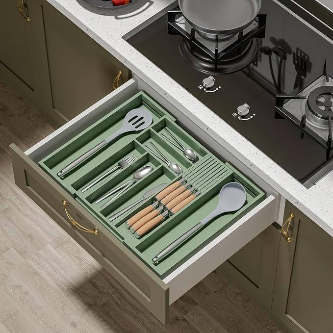 Expandable Bamboo Silverware Drawer Organizer Tray, Grayish Green | Removable Knife Block, Holds 7 Knives, Adjustable Dividers, 12.6-21.45 x 16.3 x 2.13 in, Drawer Insert for Utensils, Forks