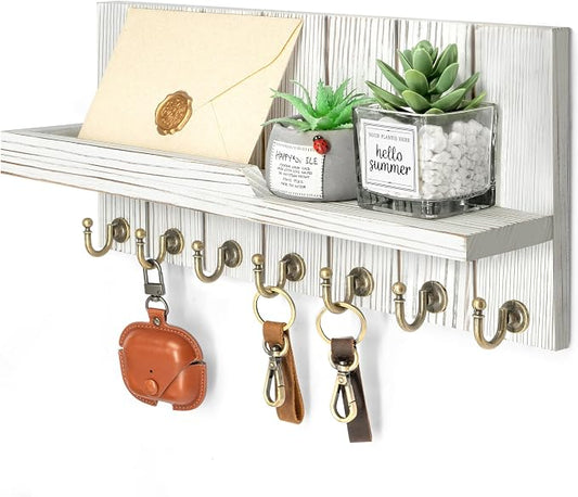 Rebee Vision Key Holder Wall Mount with 7 Hooks for Entryway, Whitewash | Key Holder for Wall, Floating Shelf, Display Plant, Mail Organizer, Elegant Decorative Storage, Rustic Apartment Essential