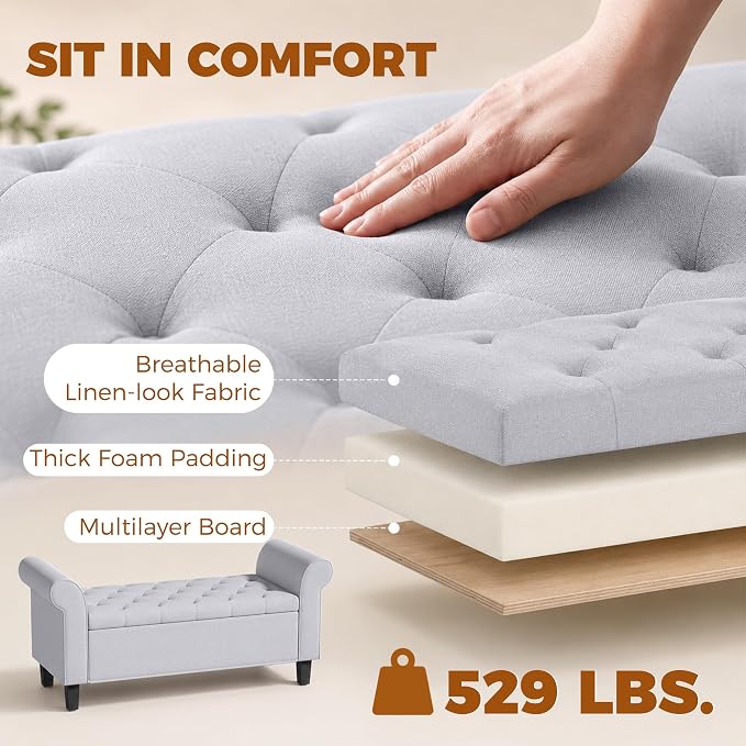 HOMCOM 47" Ottoman wih Storage End of Bed Bench with Rolled Arms Light Gray | Storage Chest, Safety Hinge, Wooden Legs, Upholstered End of Bed Bench, 528 lbs, Bedroom Entryway Living Room