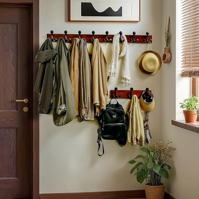 WEBI Coat Rack Wall Mount,43" Solid Wood Coat Hooks Wall Mounted Coat Hanger,16" Hole to Hole,Heavy Duty Hook Rack Rail,8 Triple Hooks for Hanging Coats,Jacket,Clothes,Hat,Backpack,Cherry,2 Packs