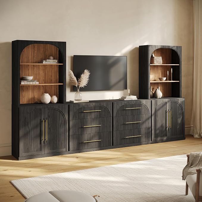 BELLEZE 6-Piece Modular TV Stand Set - 2 Double-Arc Wood Door Sideboards, 2 Sideboards with Drawers, and 2 Hutch Cabinets, Classic Modern Media Console with Adjustable Shelves for Living Room(Ebony)