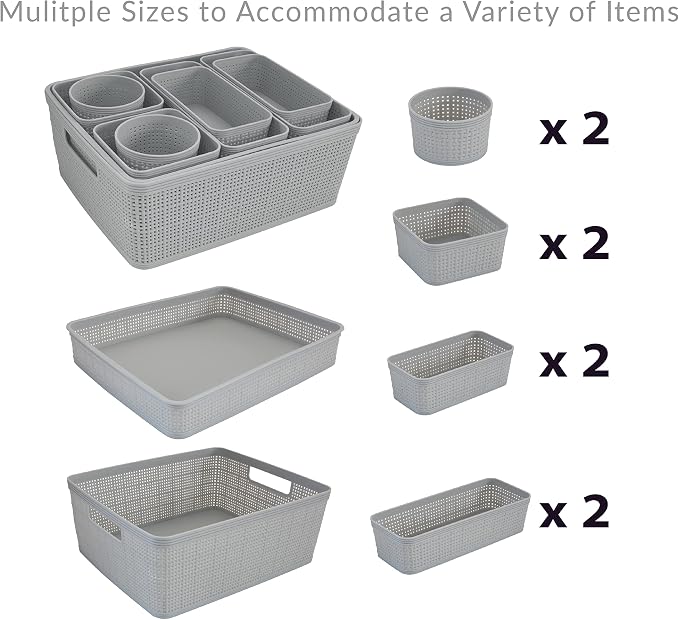 Simplify 10 Piece Organizing Set | Multiple Size Bins | Multipurpose | Office | Desk | Dorm | Bathroom | Storage Basket | Small Items | Accessories | Grey