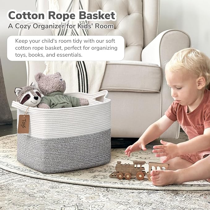 Goodpick Woven Storage Basket with Handles, Cotton Rope, Light Gray | 50L, 18 x 14 x 12 in, Rectangle, Blankets, Toys & Home Essentials Storage, Living Room, Bedroom & Nursery Organization