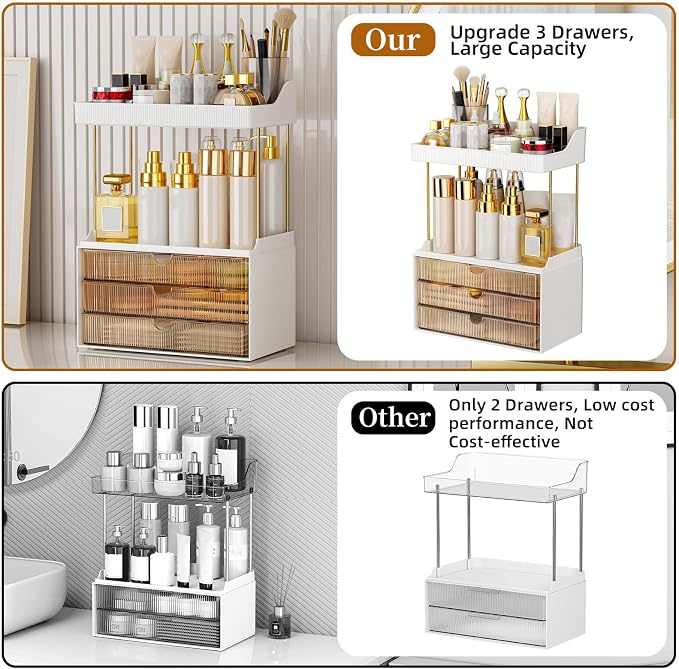 StorBin Arcylic 5-Tier Makeup & Skincare Organizer for Vanity, Bath | Smooth 3 drawers, clear body, gold frame, non-slip, for perfumes, serums, face masks, palettes, vanity & bath counter,Amber