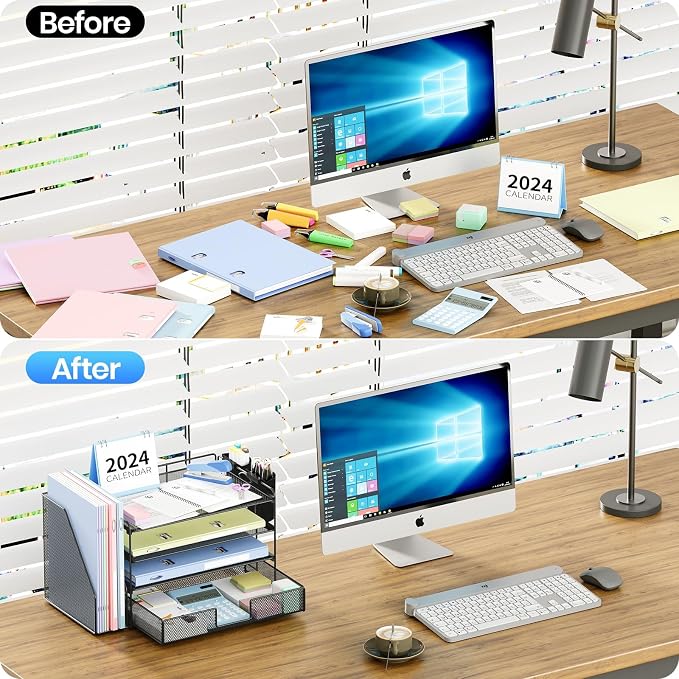 OPNICE Desk Organizer, 4-Tier Desktop File Organizer with Drawer and Pen Holders, Office Desk Accessories, File Sorters, Workspace Organizers for Office Supplies(Black 2-Pack)