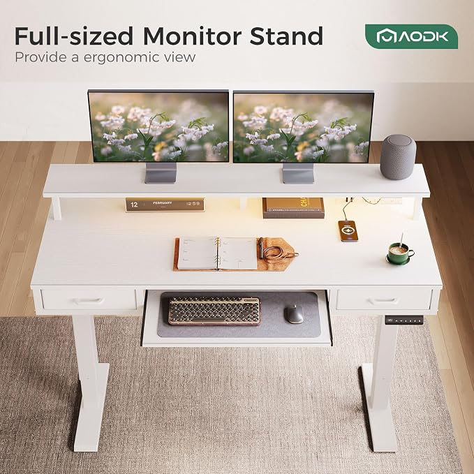 AODK 55 Inch Electric Standing Desk with Drawers & Keyboard Tray, White | 3 Outlets & 2 USB Ports, LED Lights, Monitor Stand, Cable Management Tray, 3 Memory Heights, 29.9"-46.1" in Range