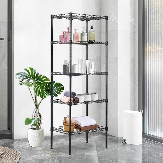 BestOffice | 5-Tier Wire Shelf | 17" x 12" x 48" | Black | Storage Shelves with Adjustable Racks, Holds upto 750 lbs | Rust-Resistant, No-Tool Assembly | For Home, Garage