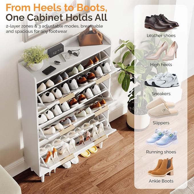 VINGLI White Fluted Shoe Storage Cabinet for Entryway with 3 Flip Drawers, Narrow Shoe Organizer with Fluted Panel, Modern Freestanding Wood Shoe Cabinet for Foyer, Hallway (White, 3 Flip Drawers)