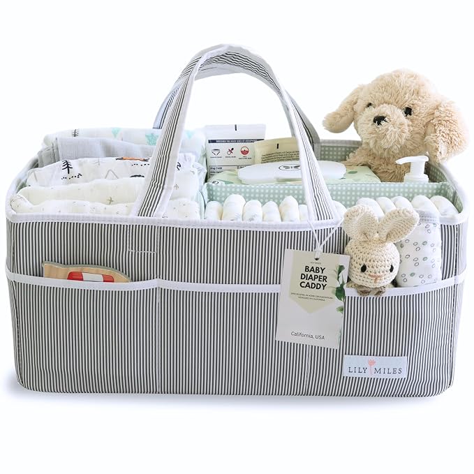 Baby Diaper Caddy - Organizer Tote for Infant Boy or Girl - Baby Shower Basket - Nursery Must Haves - Registry Favorites - Newborn Caddie Car Travel - Gray/Mint, Extra Large