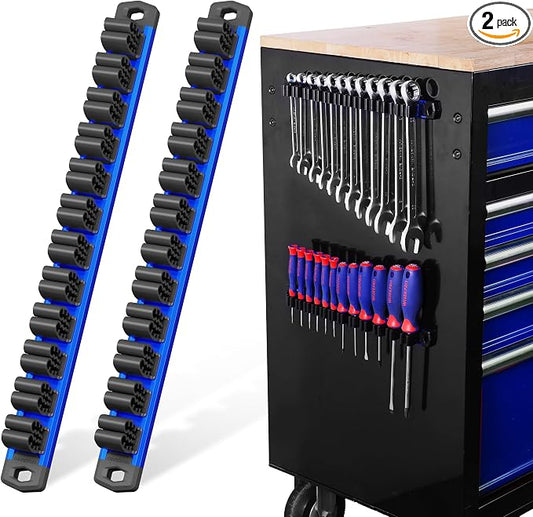 WORKPRO Magnetic Screwdriver and Wrench Organizer Set, 24-Slot Tool Holders | 2-Pack Aluminum Rails, Magnetic Force, Flexible High-Tension Tool Clips, For Tool Box Drawer & Wall-Mount Storage