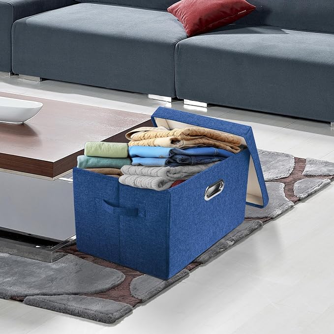 Collapsible Storage Bins With Lids, Large Fabric Storage Boxes - 2 Pack - Classic Blue