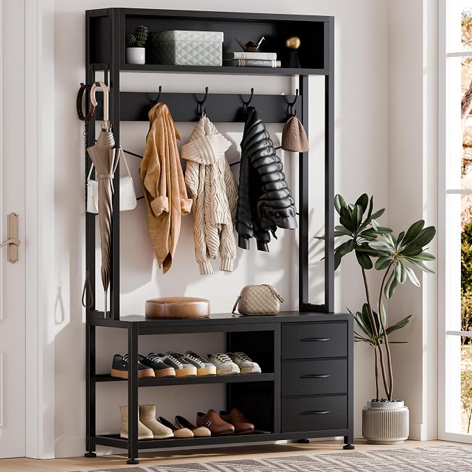 Hall Tree with Bench and 3 Drawers Storage, 31.5" Coat Rack Freestanding | Black, 6-in-1, Top Cubby, 12 Coat Hooks, Adjustable Shoe Rack, Sturdy Metal Frame, Entryway Organizer