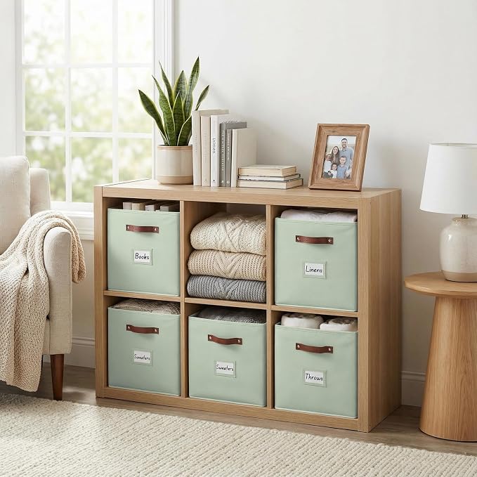 DECOMOMO Storage Bins, Cube Storage Bin with Labels | 10.5" x 11" Fabric Storage Cubes for Shelves (2pcs, Sage Green)