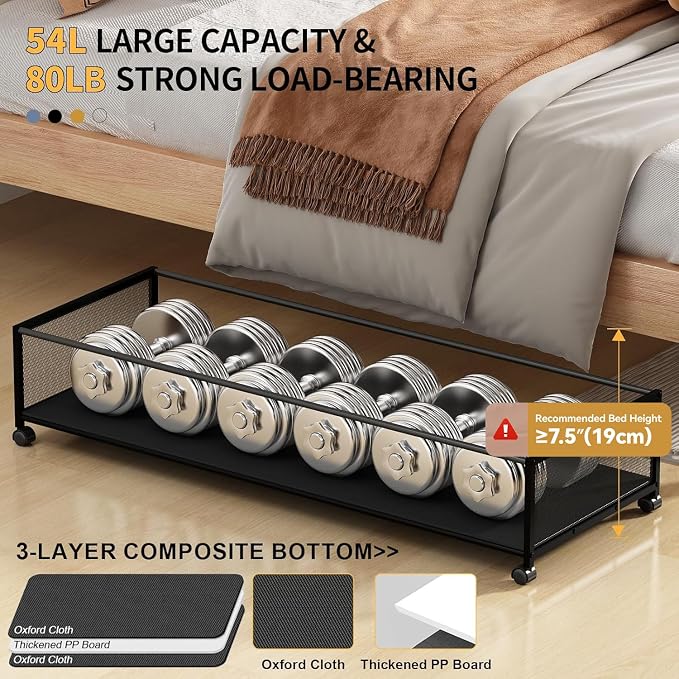 Under Bed Storage Containers with Wheels Large Underbed Shoes Blankets Clothes Toy Storage Drawers for College Dorms Bedrooms Nursery Rooms Organization (Black 1 Pack, 7.5in height(36"x16.6"x7.48"))