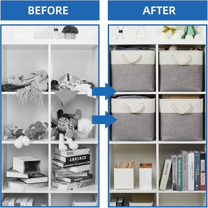 Temary Fabric Baskets 12 Inch Storage Cubes Basket with Handle, Clothes Baskets for Gift, Large Bins for Organizing Books, Blankets (White&Gray)