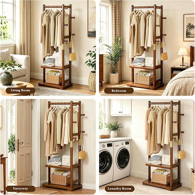 Taitiy Coat Rack Solid Wood Hall Tree Storage 2 Shelves 5 Hooks | Hallway bedroom living room, durable wood construction, freestanding organizer design, coats hats wallets garments