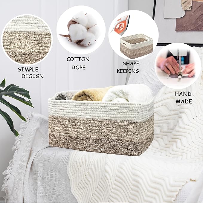COMFY-HOMI Cotton Rope Woven Basket with Handles for Shelves,Toys,Book, Cloth Storage Baskets Bin for Organizing- 1 PCSToy Decorative Organizer for Living Room, Bathroom 17" x 13" x 7.5"