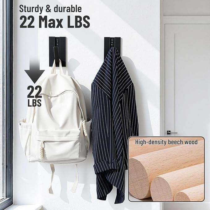 Wood Wall Hooks for Entryway: 2Pack Folding Black Modern Coat Hooks | Heavy Duty Hanger for Hanging Towels Backpack Bags Jacket - Space Saving Minimalist Design for Aesthetic Homeowners